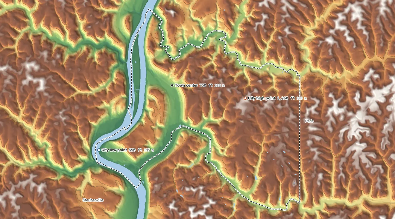 Topographic elevation map of Weirton, West Virginia, shaded from 650 ft on the southwest side to 1,260 ft on the east side