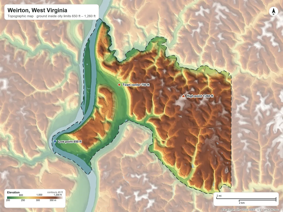 Topographic elevation map of Weirton, West Virginia, shaded from 650 ft on the southwest side to 1,260 ft on the east side