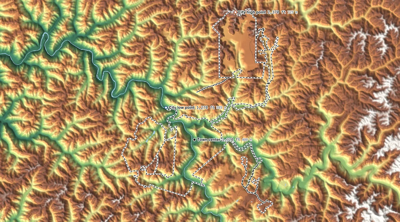 Topographic elevation map of Welch, West Virginia, shaded from 1,270 ft on the northwest side to 2,370 ft on the north side