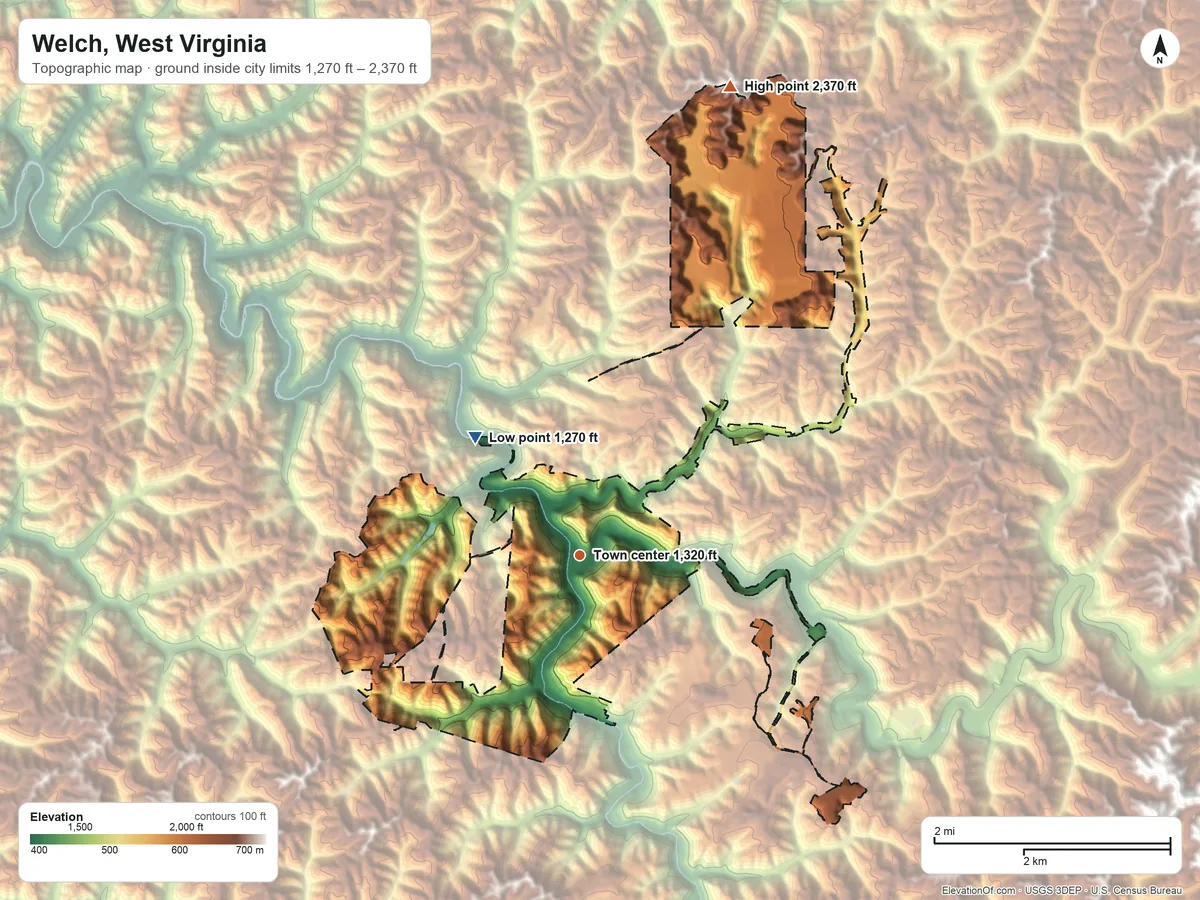 Topographic elevation map of Welch, West Virginia, shaded from 1,270 ft on the northwest side to 2,370 ft on the north side