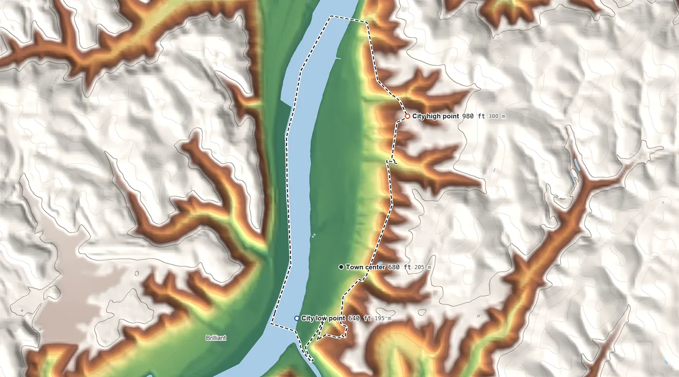 Topographic elevation map of Wellsburg, West Virginia, shaded from 640 ft on the southwest side to 980 ft on the northeast side