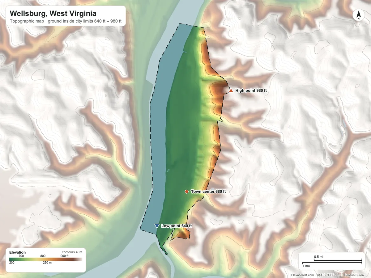 Topographic elevation map of Wellsburg, West Virginia, shaded from 640 ft on the southwest side to 980 ft on the northeast side