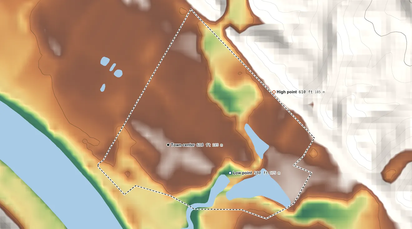 Topographic elevation map of West Dunbar, West Virginia, shaded from 580 ft on the southeast side to 610 ft on the northeast edge, below higher ground just outside