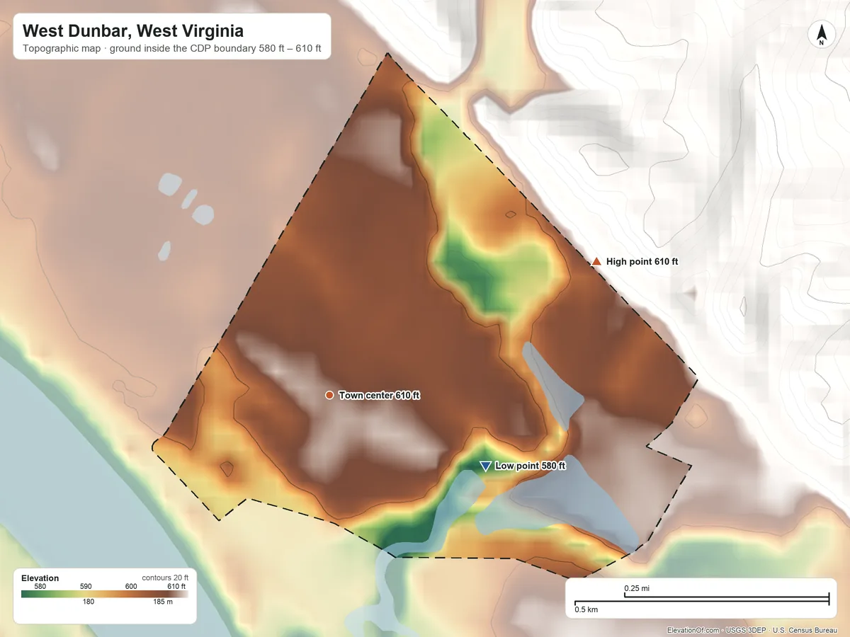 Topographic elevation map of West Dunbar, West Virginia, shaded from 580 ft on the southeast side to 610 ft on the northeast edge, below higher ground just outside