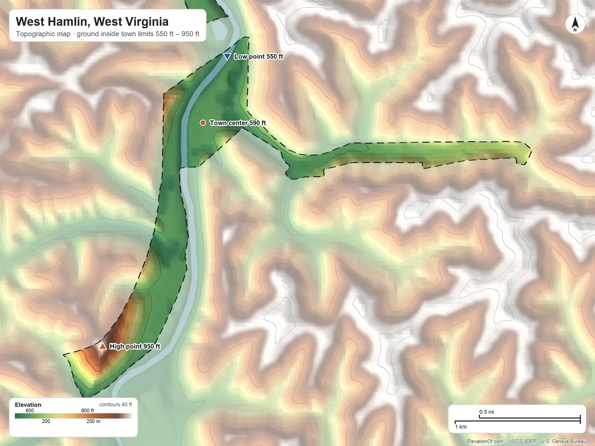 Topographic elevation map of West Hamlin, West Virginia, shaded from 550 ft on the north side to 950 ft on the southwest side