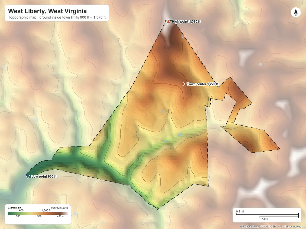 Topographic elevation map of West Liberty, West Virginia, shaded from 900 ft on the southwest side to 1,370 ft on the north side