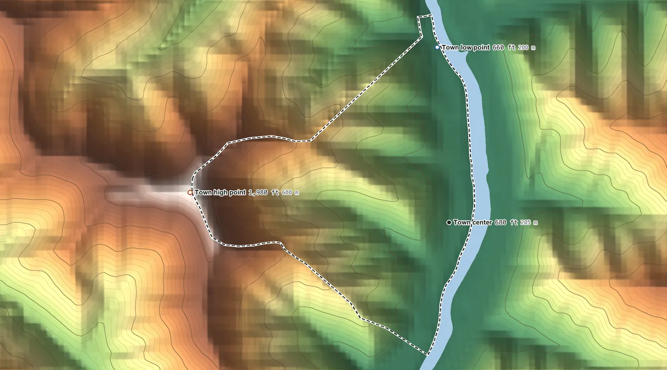 Topographic elevation map of West Logan, West Virginia, shaded from 660 ft on the north side to 1,980 ft on Rattlesnake Knob