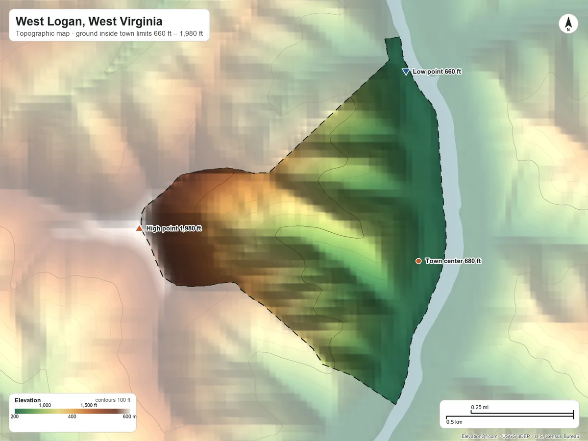 Topographic elevation map of West Logan, West Virginia, shaded from 660 ft on the north side to 1,980 ft on Rattlesnake Knob