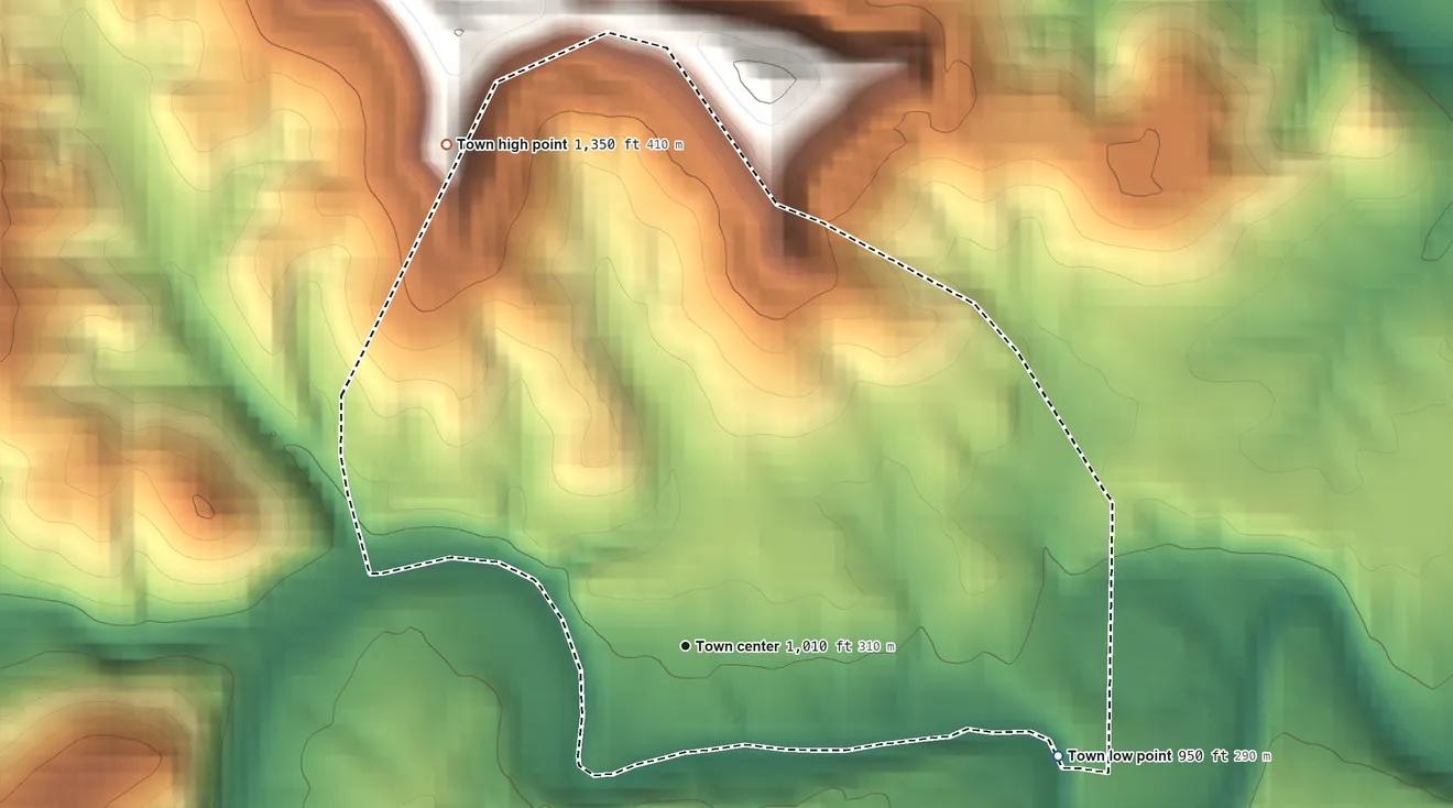Topographic elevation map of West Milford, West Virginia, shaded from 950 ft on the east side to 1,350 ft on the northwest side
