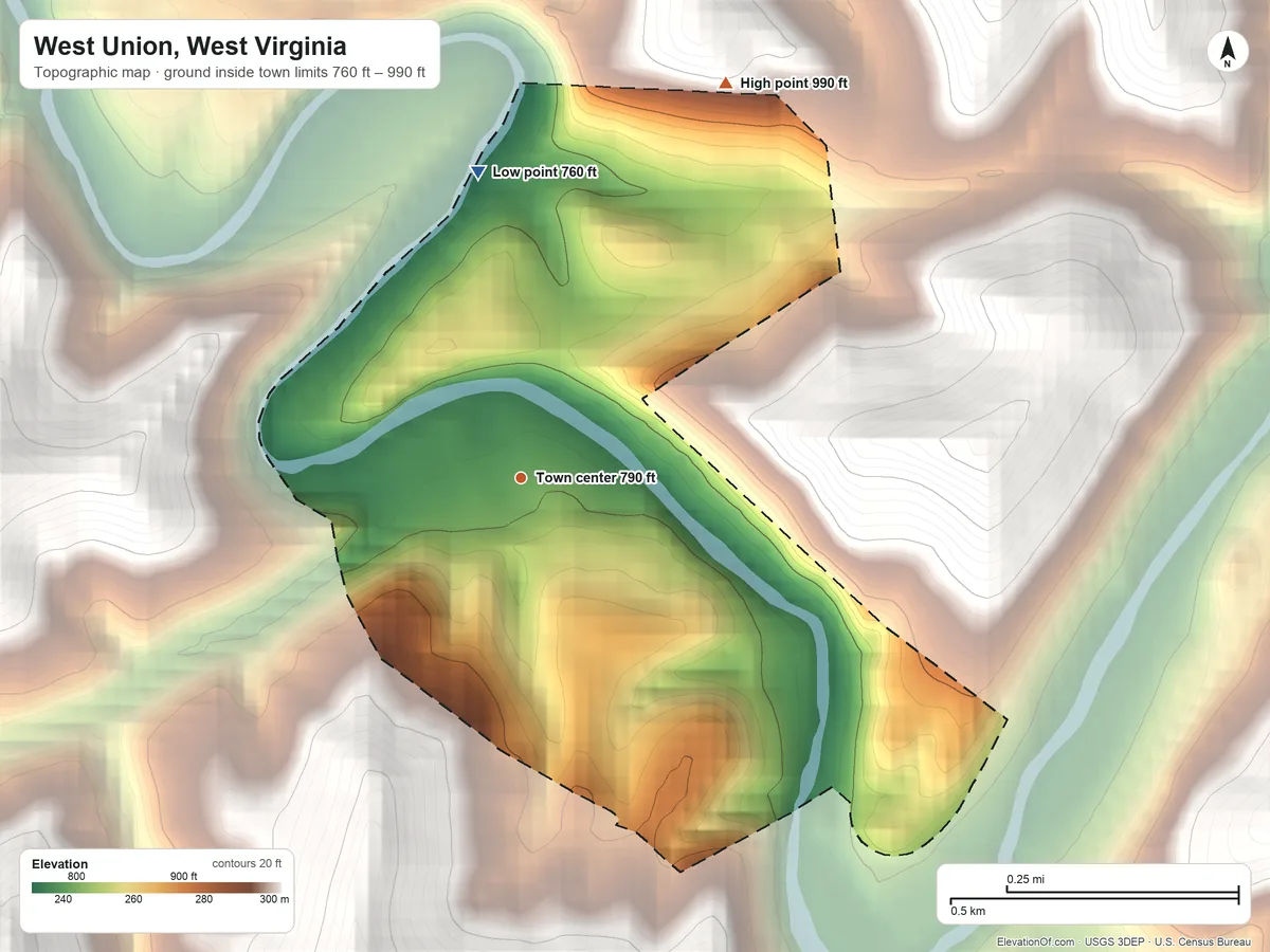 Topographic elevation map of West Union, West Virginia, shaded from 760 ft on the north side to 990 ft on the northeast edge, below higher ground just outside