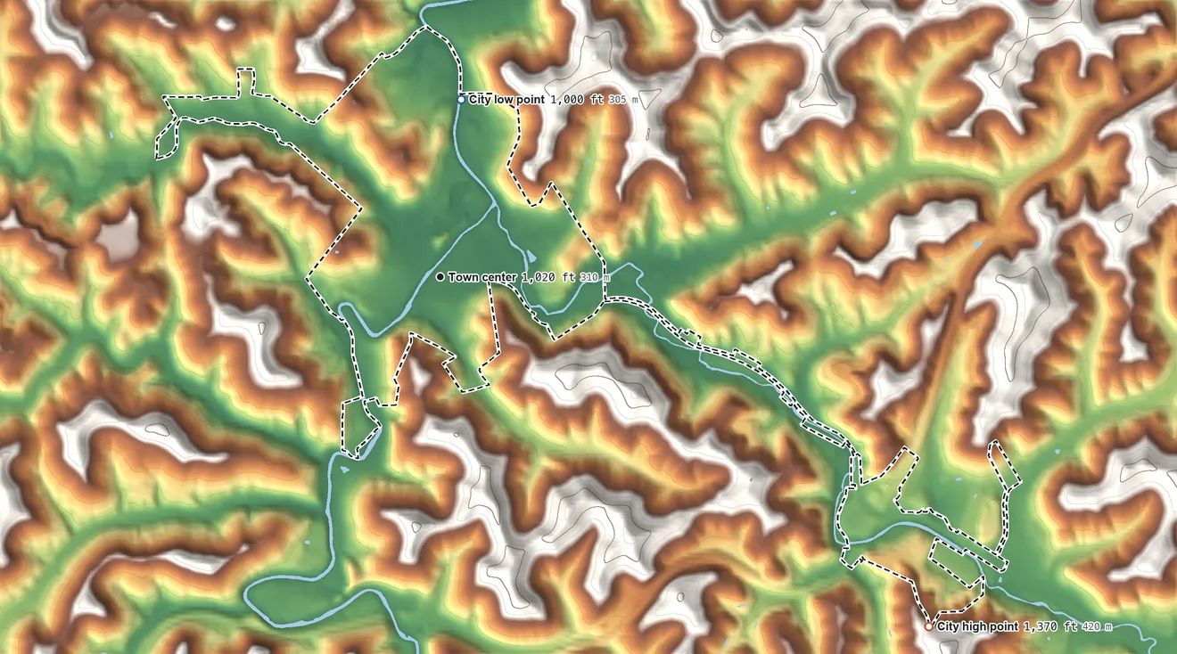 Topographic elevation map of Weston, West Virginia, shaded from 1,000 ft on the north side to 1,370 ft on the southeast edge, below higher ground just outside