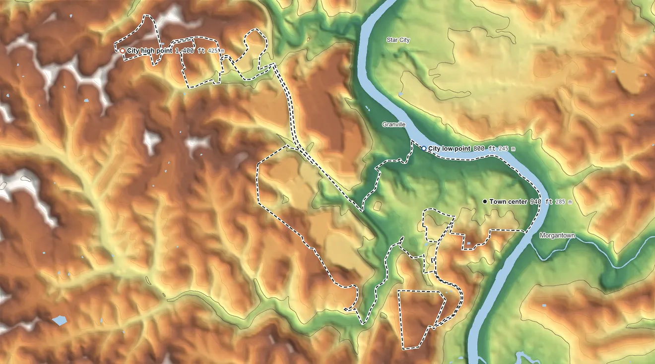 Topographic elevation map of Westover, West Virginia, shaded from 800 ft on the northwest side to 1,400 ft on the northwest side