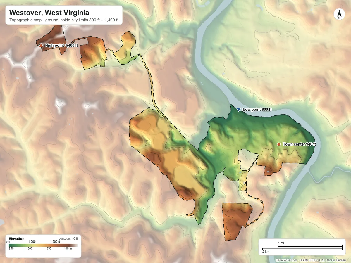 Topographic elevation map of Westover, West Virginia, shaded from 800 ft on the northwest side to 1,400 ft on the northwest side