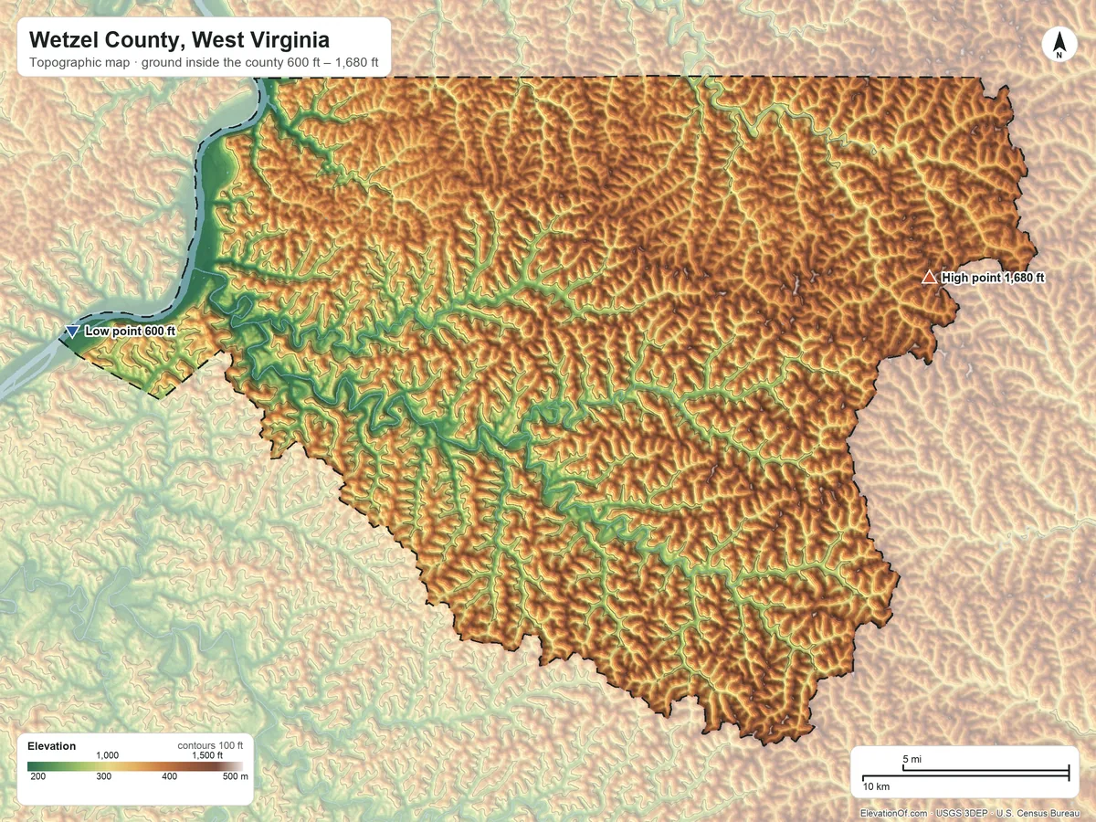 Topographic elevation map of Wetzel County, West Virginia, shaded from 600 ft on the west side to 1,680 ft on the east side