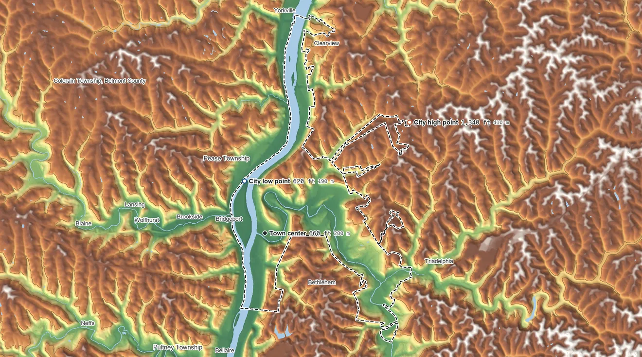 Topographic elevation map of Wheeling, West Virginia, shaded from 620 ft on the north side to 1,340 ft on the northeast side