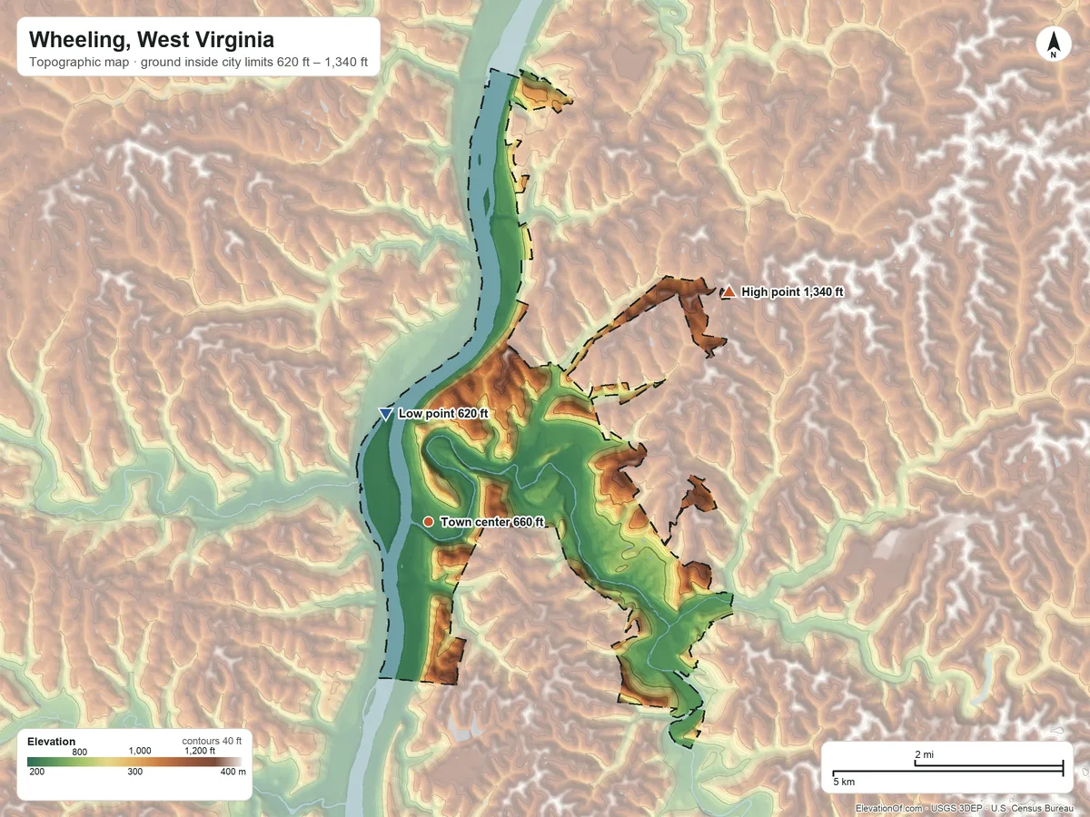 Topographic elevation map of Wheeling, West Virginia, shaded from 620 ft on the north side to 1,340 ft on the northeast side