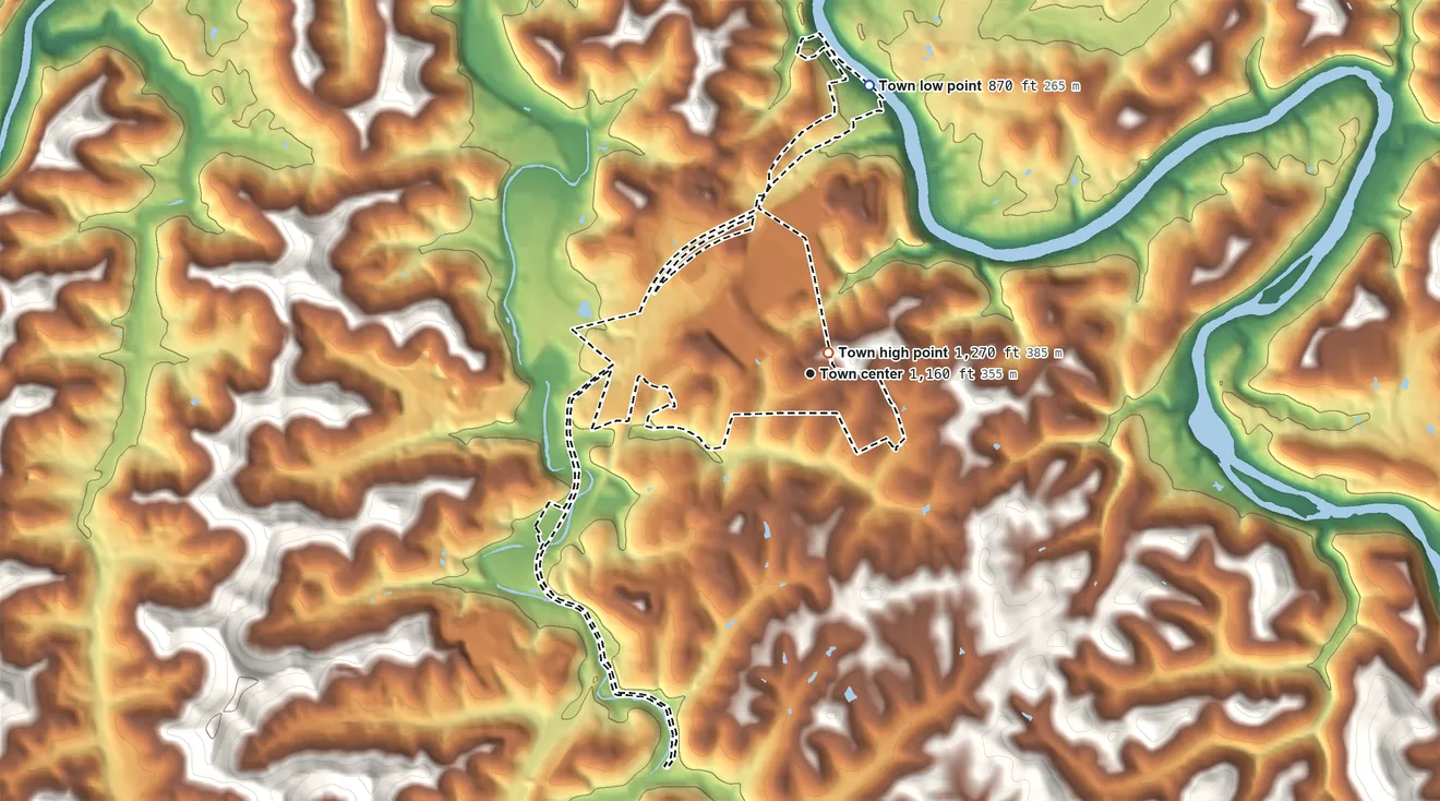 Topographic elevation map of White Hall, West Virginia, shaded from 870 ft on the north side to 1,270 ft near the middle