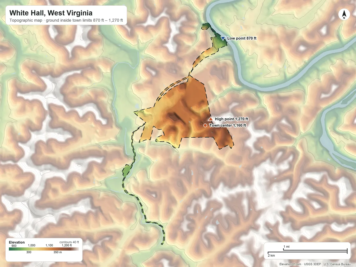 Topographic elevation map of White Hall, West Virginia, shaded from 870 ft on the north side to 1,270 ft near the middle
