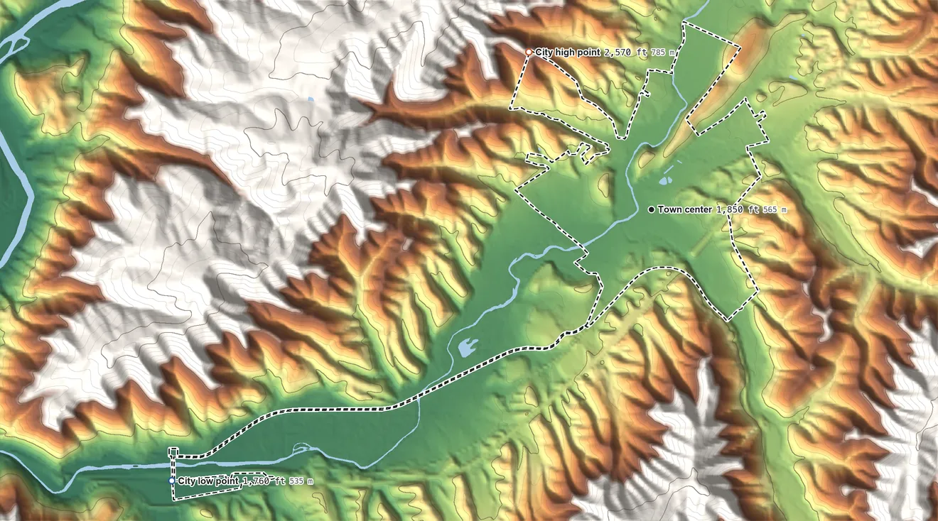 Topographic elevation map of White Sulphur Springs, West Virginia, shaded from 1,760 ft on the southwest side to 2,570 ft on the northwest edge, below higher ground just outside