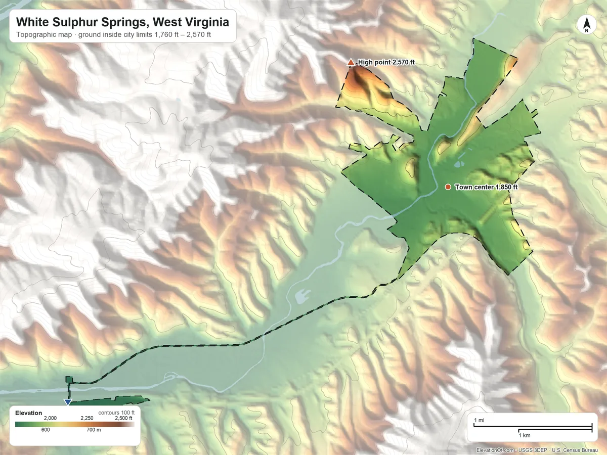 Topographic elevation map of White Sulphur Springs, West Virginia, shaded from 1,760 ft on the southwest side to 2,570 ft on the northwest edge, below higher ground just outside