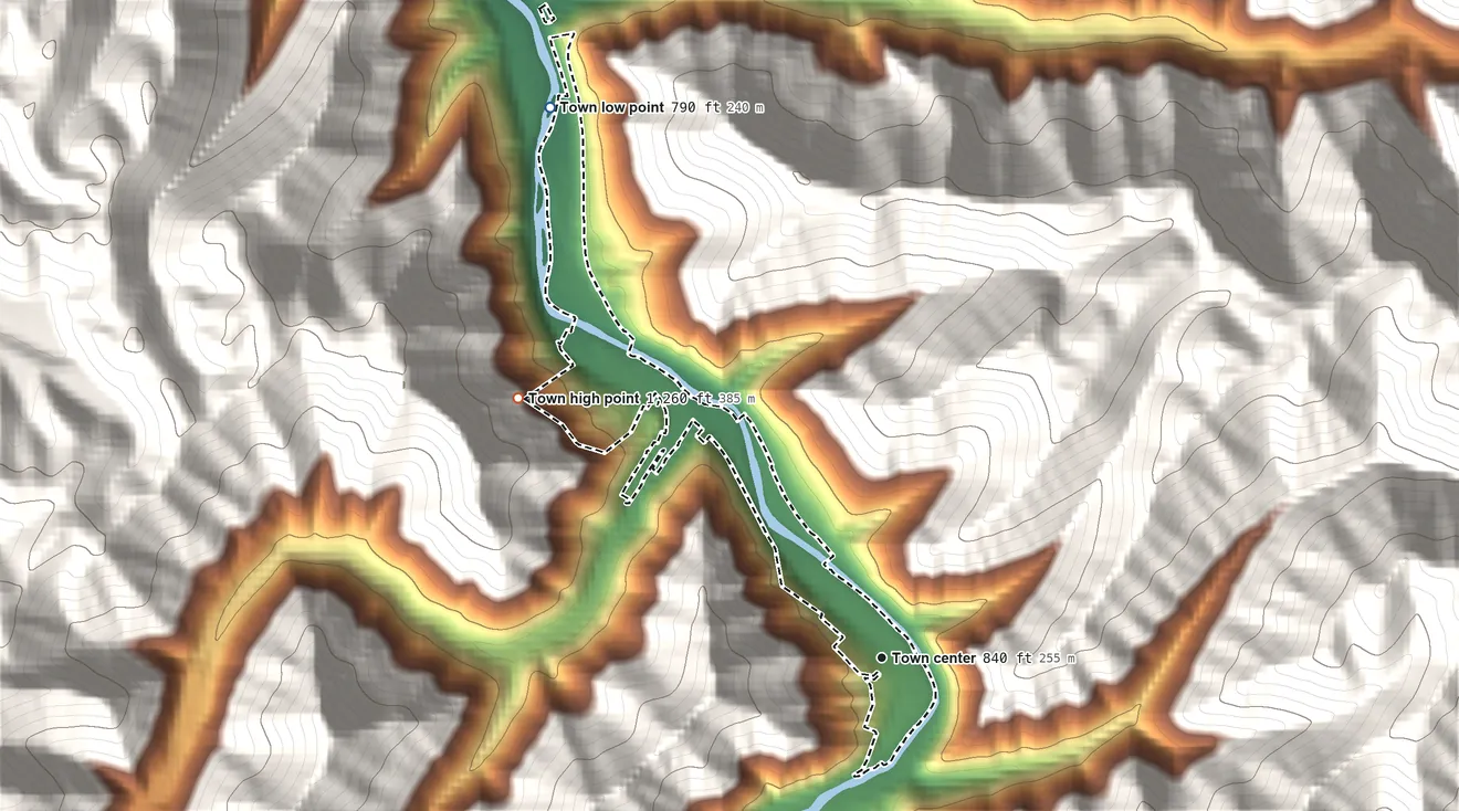 Topographic elevation map of Whitesville, West Virginia, shaded from 790 ft on the northwest side to 1,260 ft on the northwest edge, below higher ground just outside
