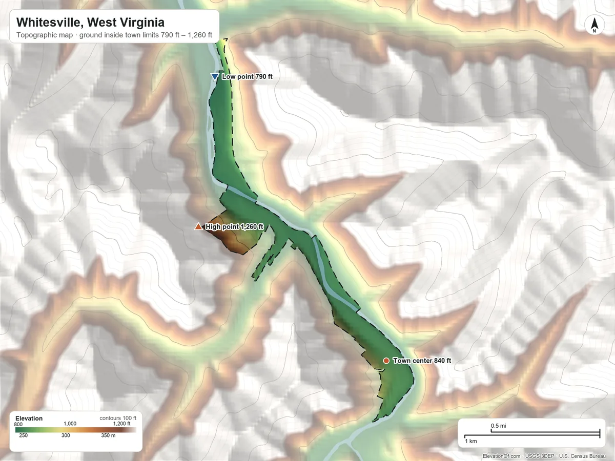 Topographic elevation map of Whitesville, West Virginia, shaded from 790 ft on the northwest side to 1,260 ft on the northwest edge, below higher ground just outside