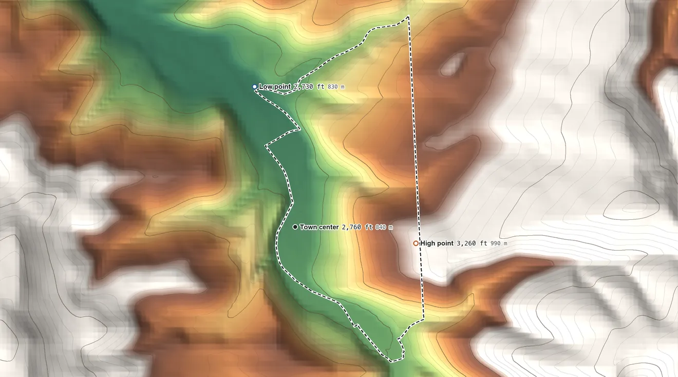Topographic elevation map of Whitmer, West Virginia, shaded from 2,730 ft on the north side to 3,260 ft at the foot of the Allegheny Mountains