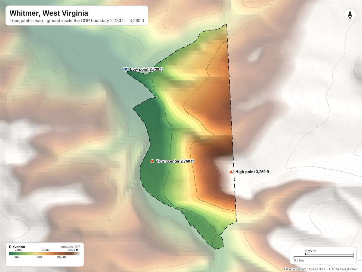 Topographic elevation map of Whitmer, West Virginia, shaded from 2,730 ft on the north side to 3,260 ft at the foot of the Allegheny Mountains