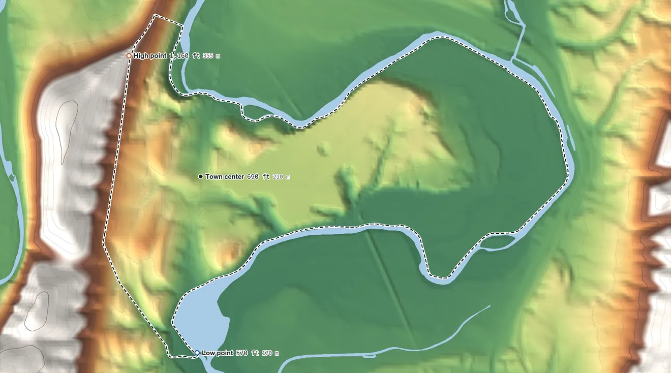 Topographic elevation map of Wiley Ford, West Virginia, shaded from 570 ft on the south side to 1,160 ft on the northwest edge, below higher ground just outside