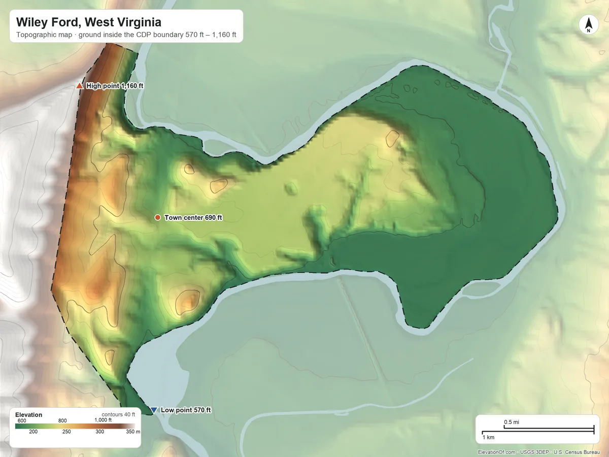 Topographic elevation map of Wiley Ford, West Virginia, shaded from 570 ft on the south side to 1,160 ft on the northwest edge, below higher ground just outside
