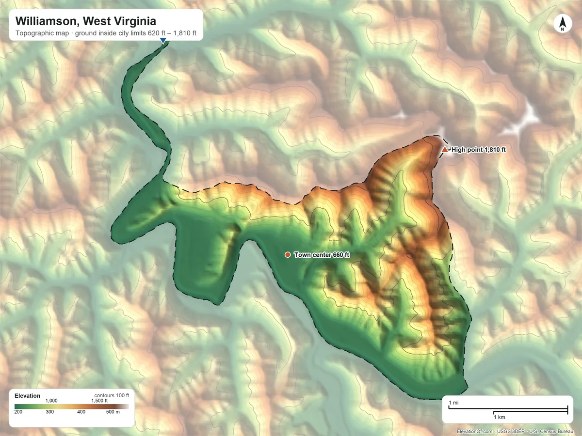 Topographic elevation map of Williamson, West Virginia, shaded from 620 ft on the northwest side to 1,810 ft on the northeast side