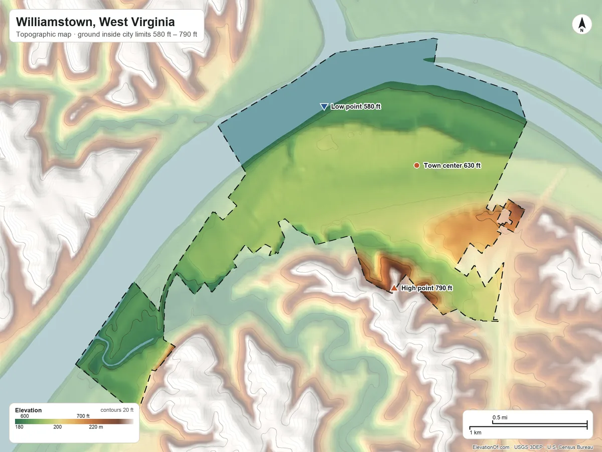 Topographic elevation map of Williamstown, West Virginia, shaded from 580 ft on the northwest side to 790 ft on the south side