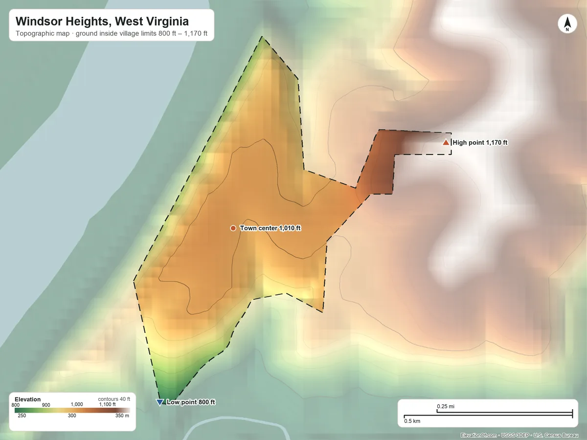 Topographic elevation map of Windsor Heights, West Virginia, shaded from 800 ft on the southwest side to 1,170 ft on the east side