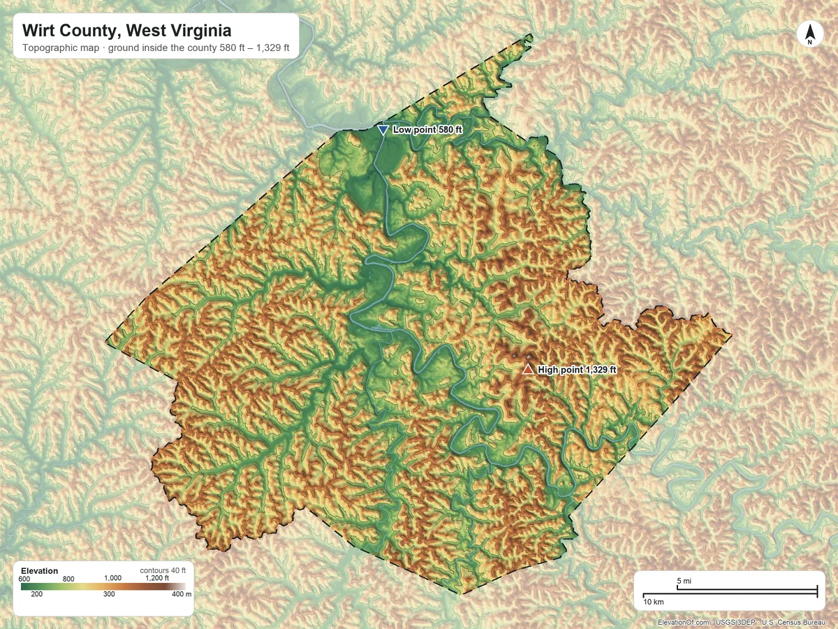 Topographic elevation map of Wirt County, West Virginia, shaded from 580 ft on the north side to 1,329 ft on Ruble Knob