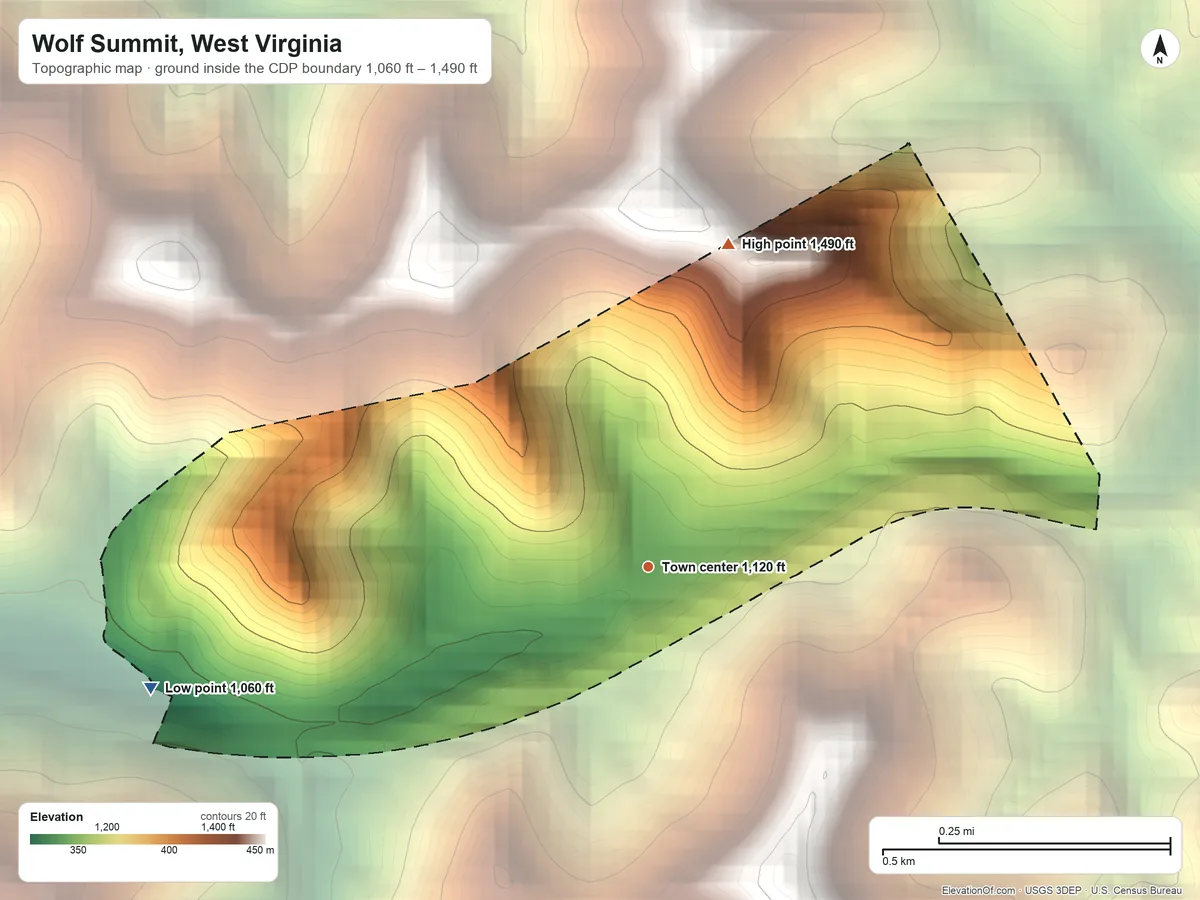 Topographic elevation map of Wolf Summit, West Virginia, shaded from 1,060 ft on the west side to 1,490 ft on the north side