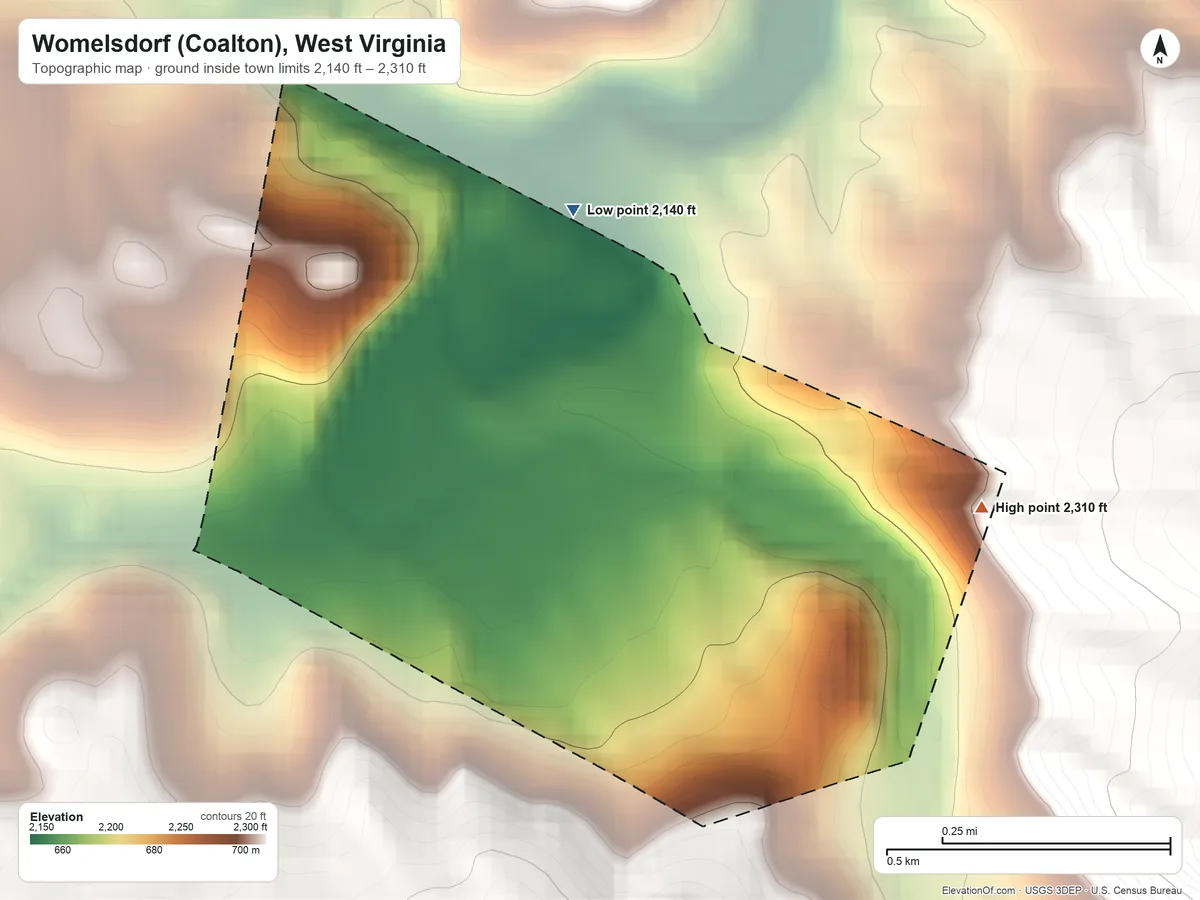Topographic elevation map of Womelsdorf (Coalton), West Virginia, shaded from 2,140 ft on the north side to 2,310 ft on the east edge, below higher ground just outside