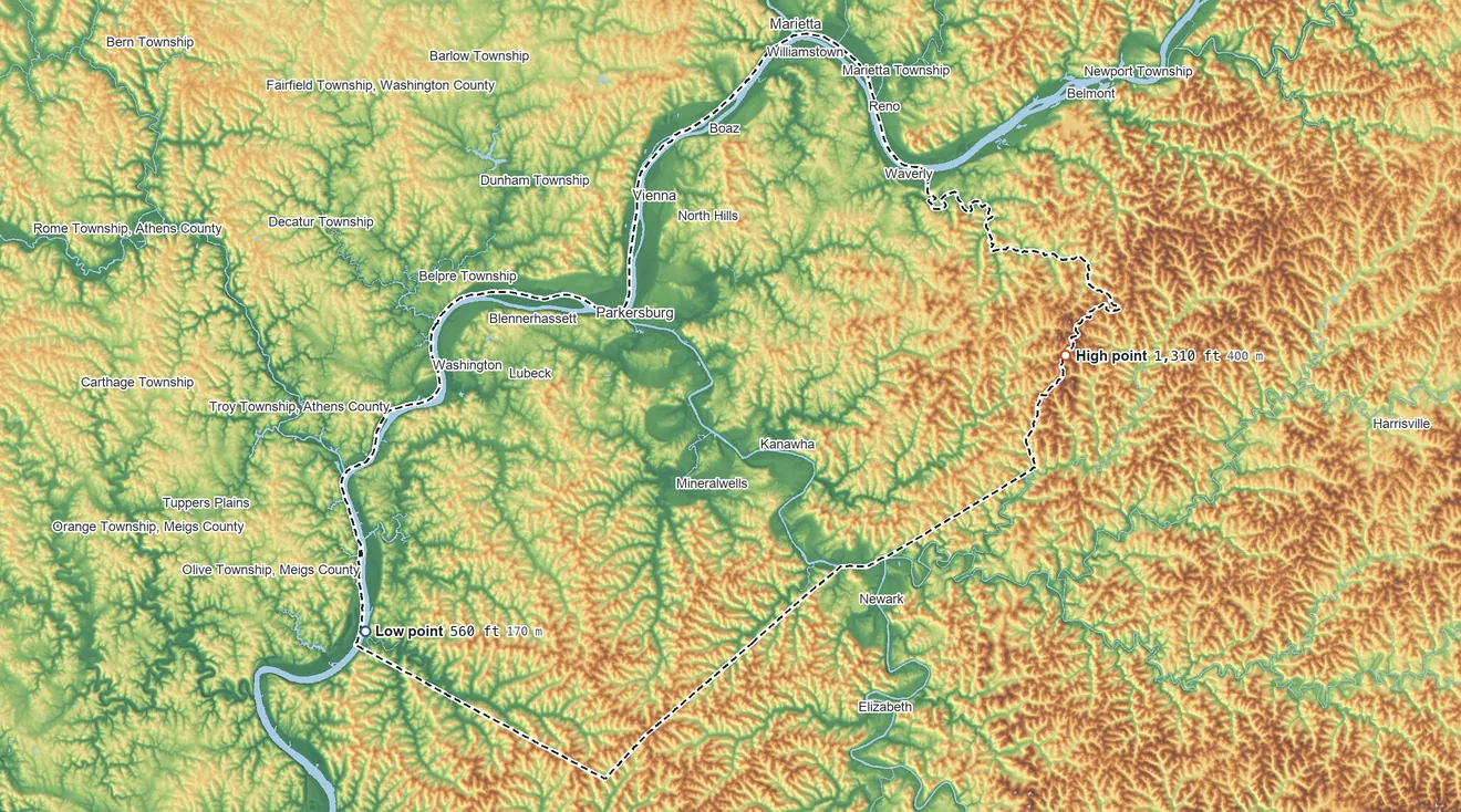 Topographic elevation map of Wood County, West Virginia, shaded from 560 ft on the southwest side to 1,310 ft on the east side