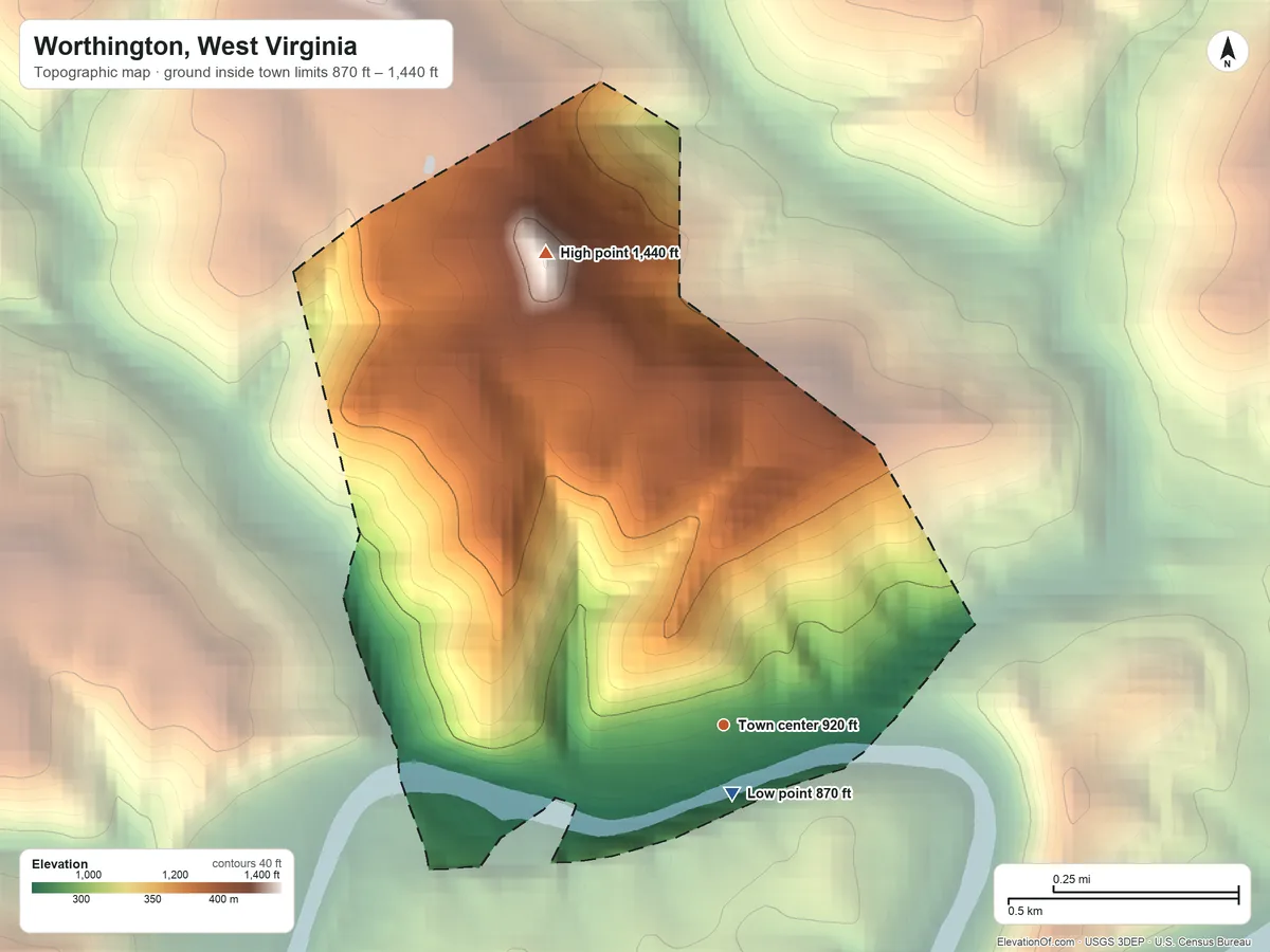 Topographic elevation map of Worthington, West Virginia, shaded from 870 ft near the middle to 1,440 ft on the north side