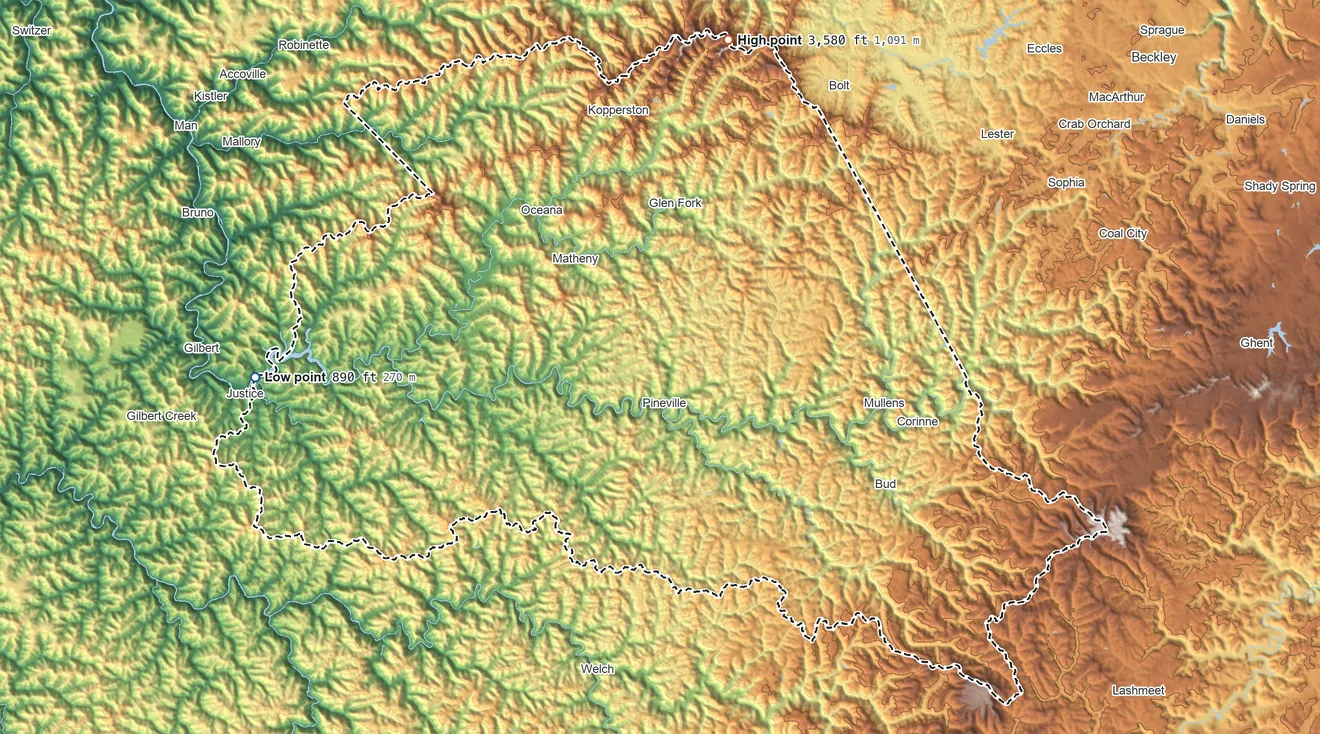 Topographic elevation map of Wyoming County, West Virginia, shaded from 890 ft on the west side to 3,580 ft on Ivy Knob