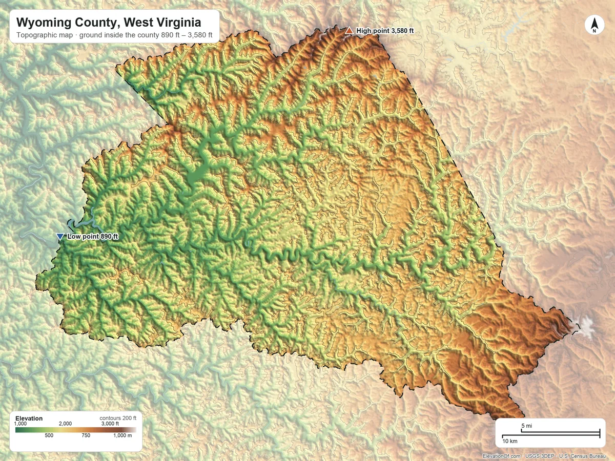 Topographic elevation map of Wyoming County, West Virginia, shaded from 890 ft on the west side to 3,580 ft on Ivy Knob