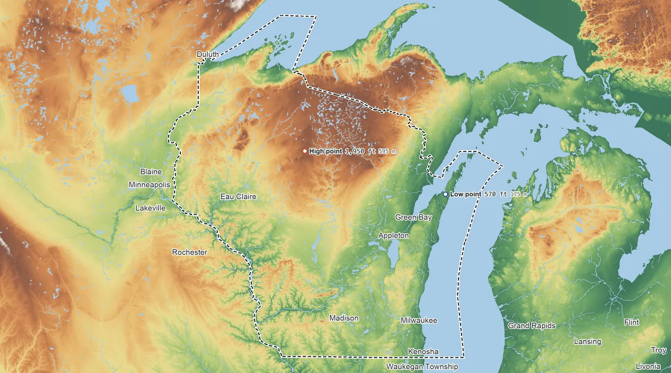 Topographic elevation map of Wisconsin, shaded from 570 ft on the east side to 1,950 ft on Pearson Hill