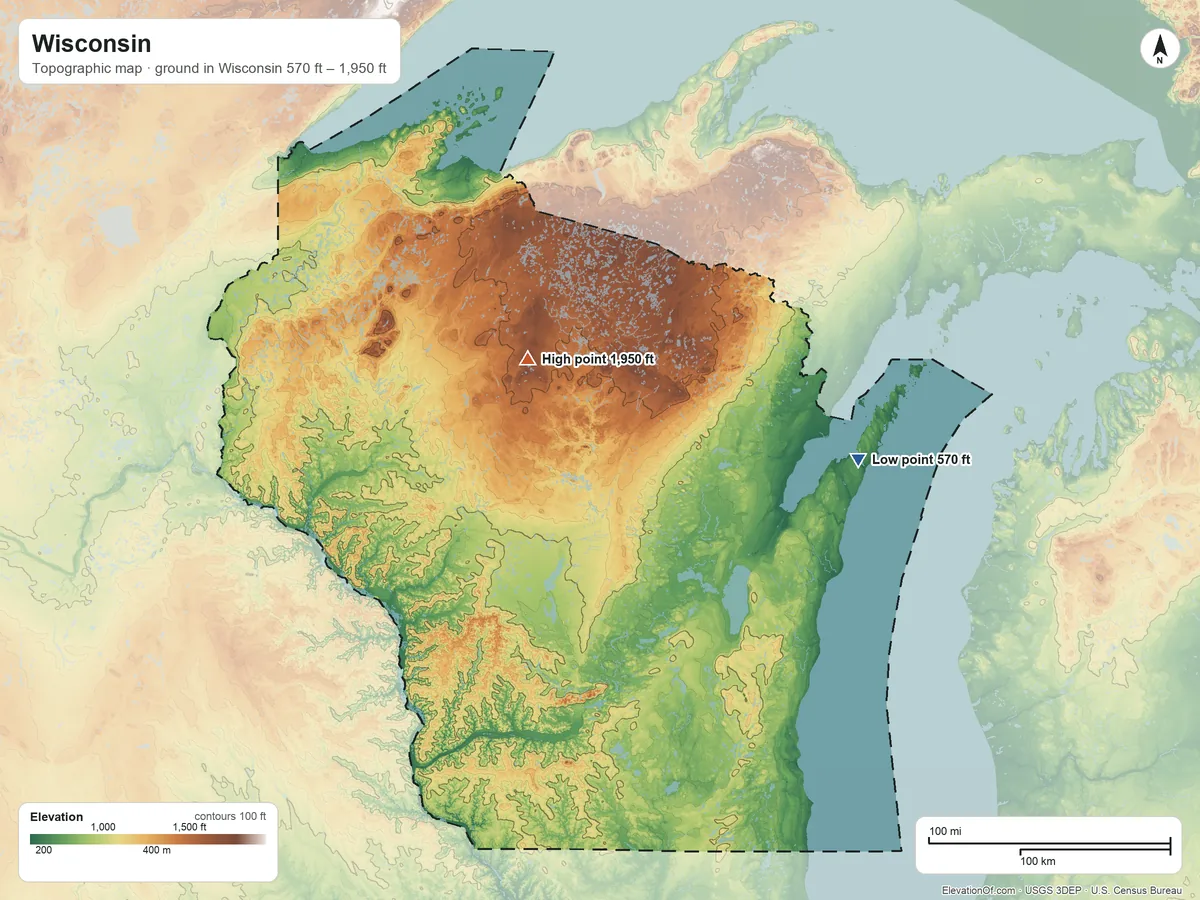 Topographic elevation map of Wisconsin, shaded from 570 ft on the east side to 1,950 ft on Pearson Hill