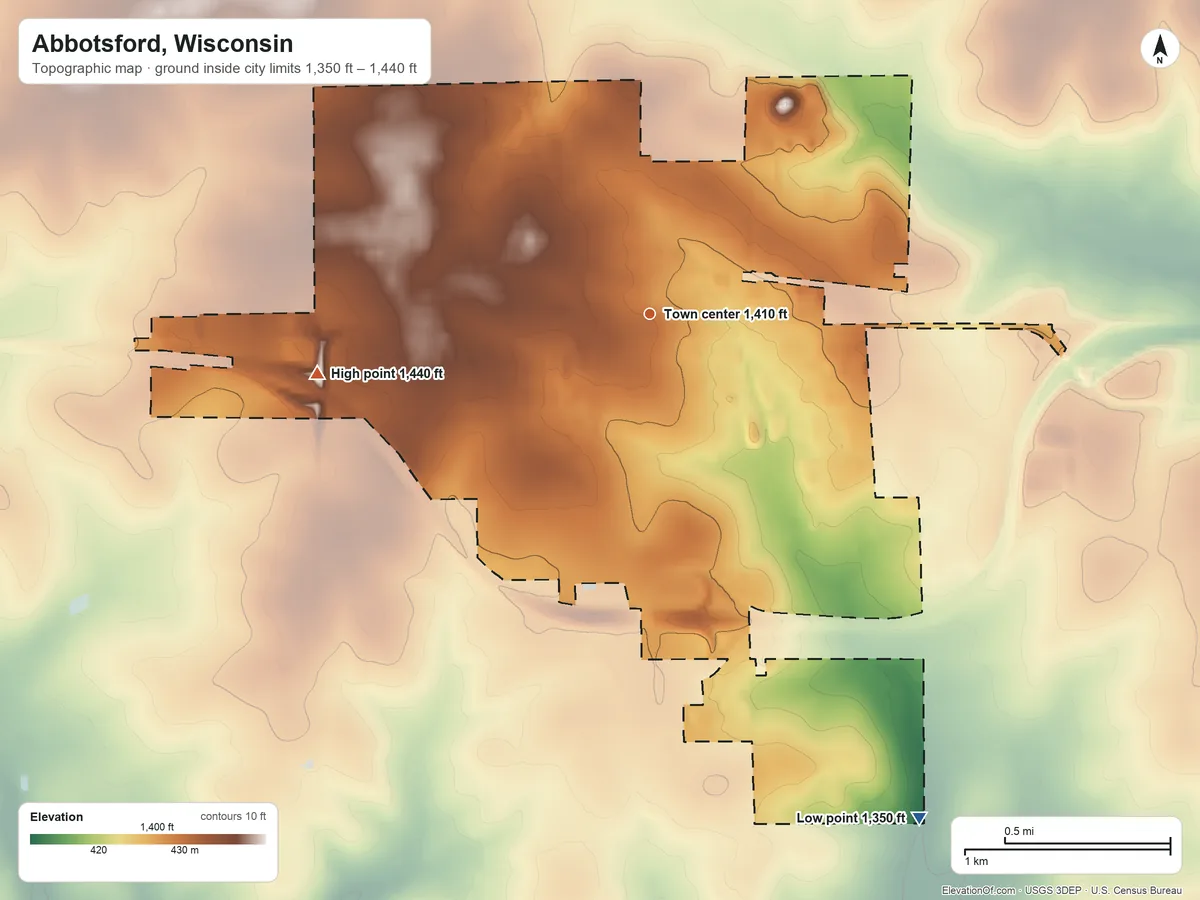Topographic elevation map of Abbotsford, Wisconsin, shaded from 1,350 ft on the southeast side to 1,440 ft on the west side