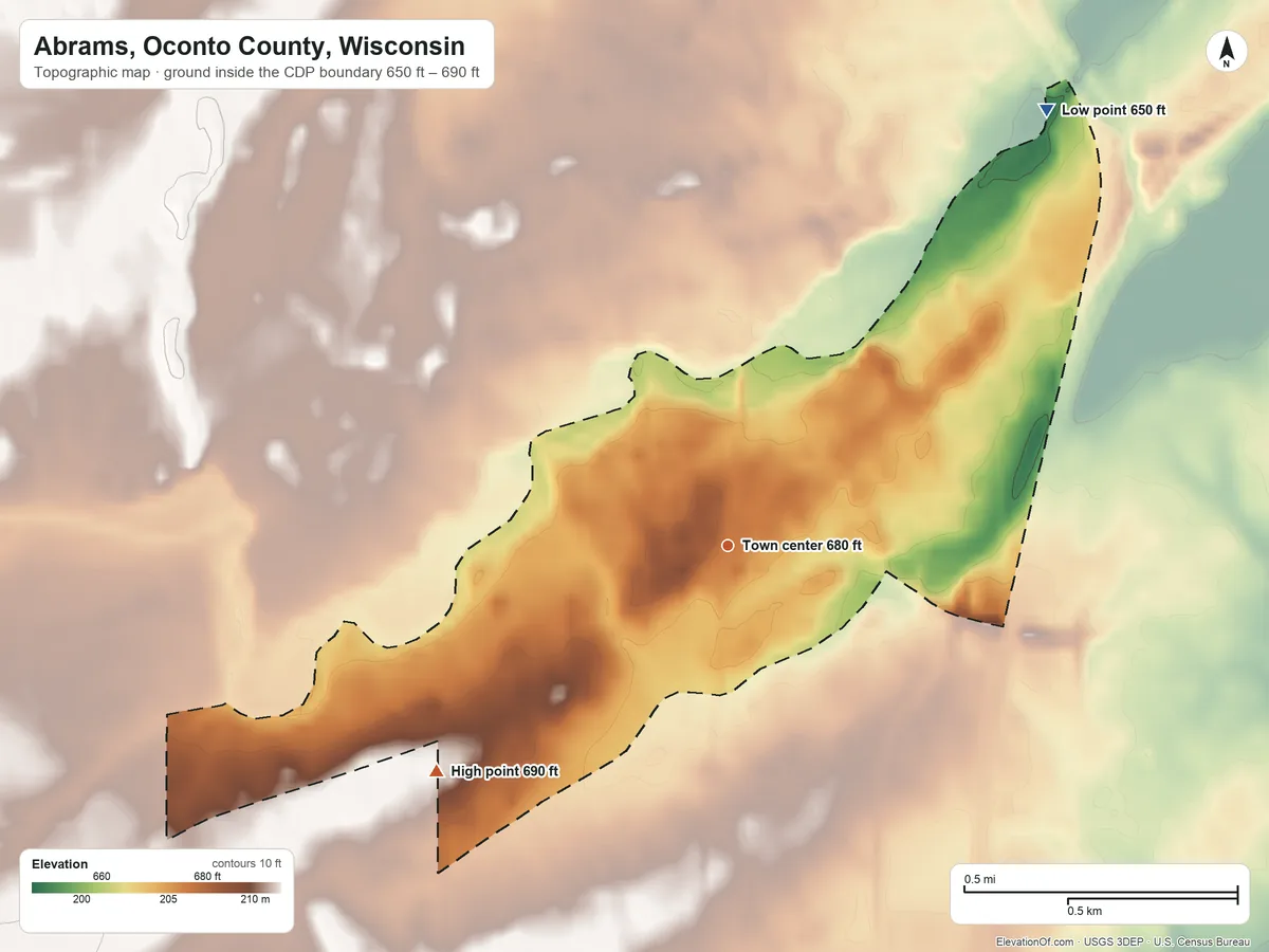 Topographic elevation map of Abrams, Oconto County, Wisconsin, shaded from 650 ft on the northeast side to 690 ft on the southwest side