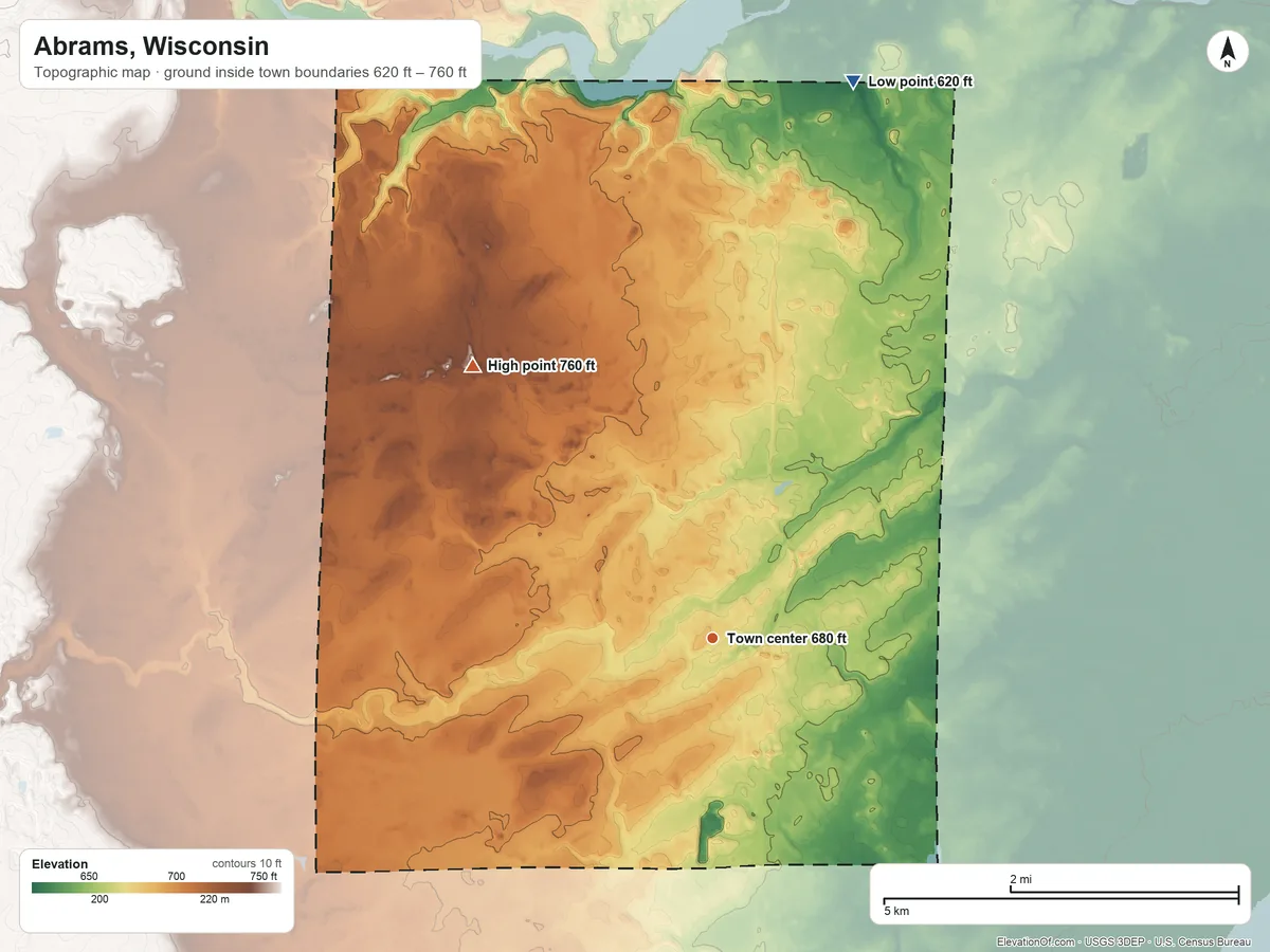 Topographic elevation map of Abrams, Wisconsin, shaded from 620 ft on the north side to 760 ft on the northwest side