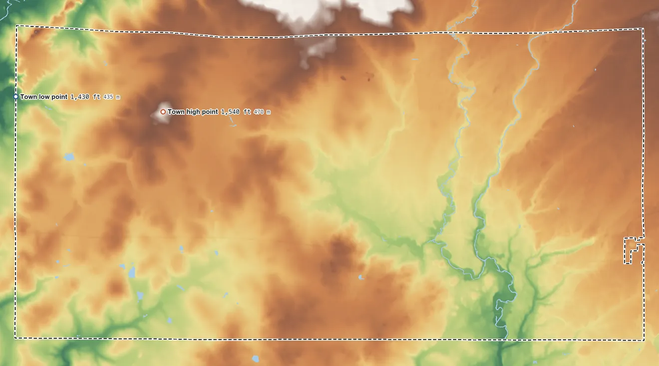 Topographic elevation map of Ackley, Wisconsin, shaded from 1,430 ft on the west side to 1,540 ft on the west side