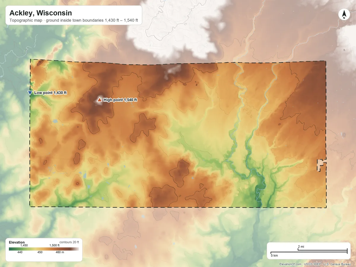 Topographic elevation map of Ackley, Wisconsin, shaded from 1,430 ft on the west side to 1,540 ft on the west side