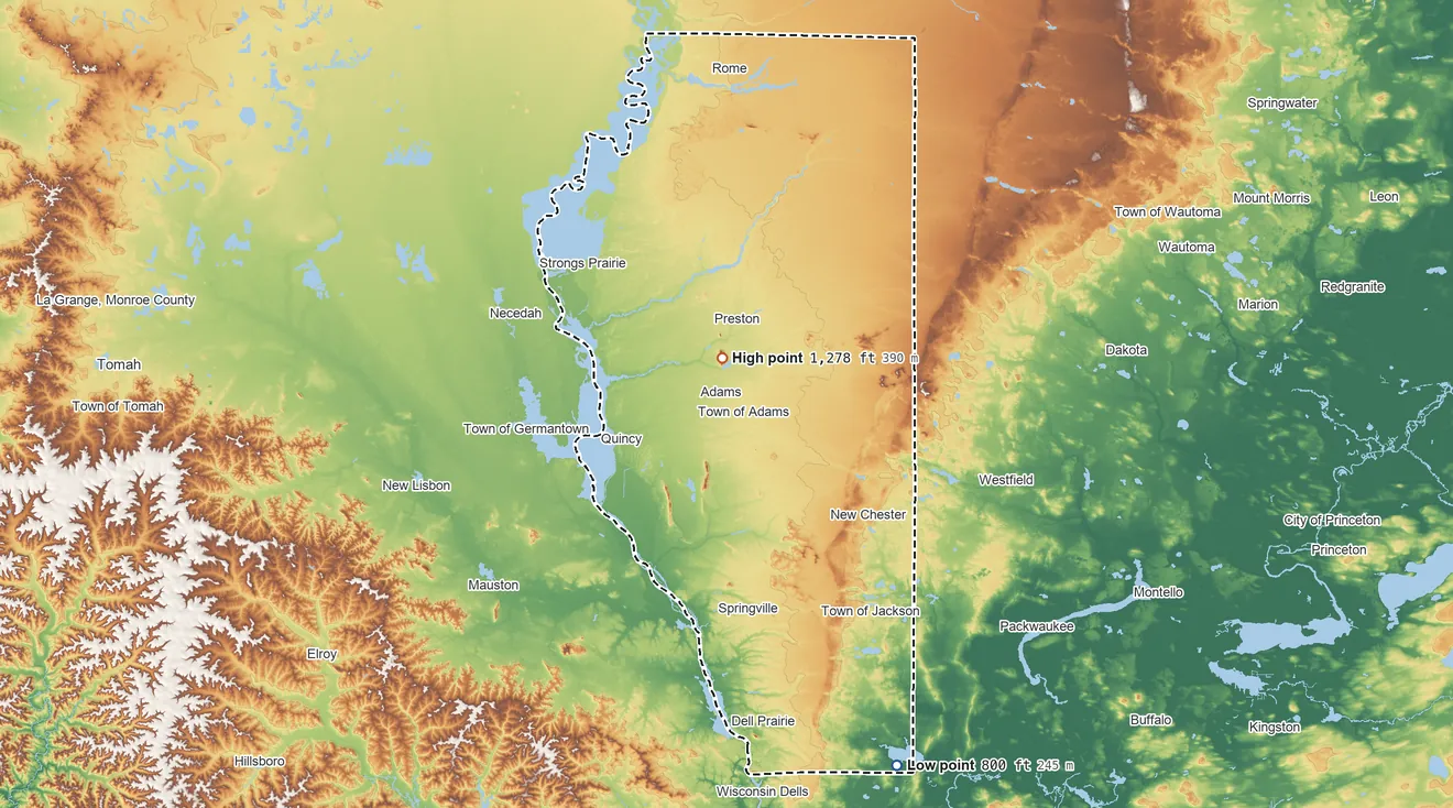 Topographic elevation map of Adams County, Wisconsin, shaded from 800 ft on the southeast side to 1,278 ft on Friendship Mound