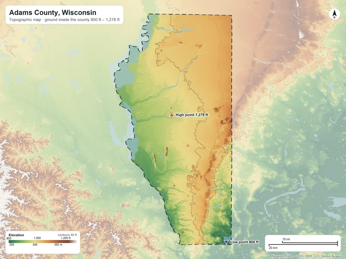 Topographic elevation map of Adams County, Wisconsin, shaded from 800 ft on the southeast side to 1,278 ft on Friendship Mound