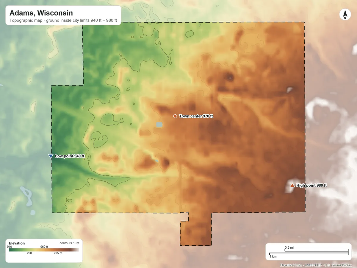 Topographic elevation map of Adams, Wisconsin, shaded from 940 ft on the west side to 980 ft on the southeast side